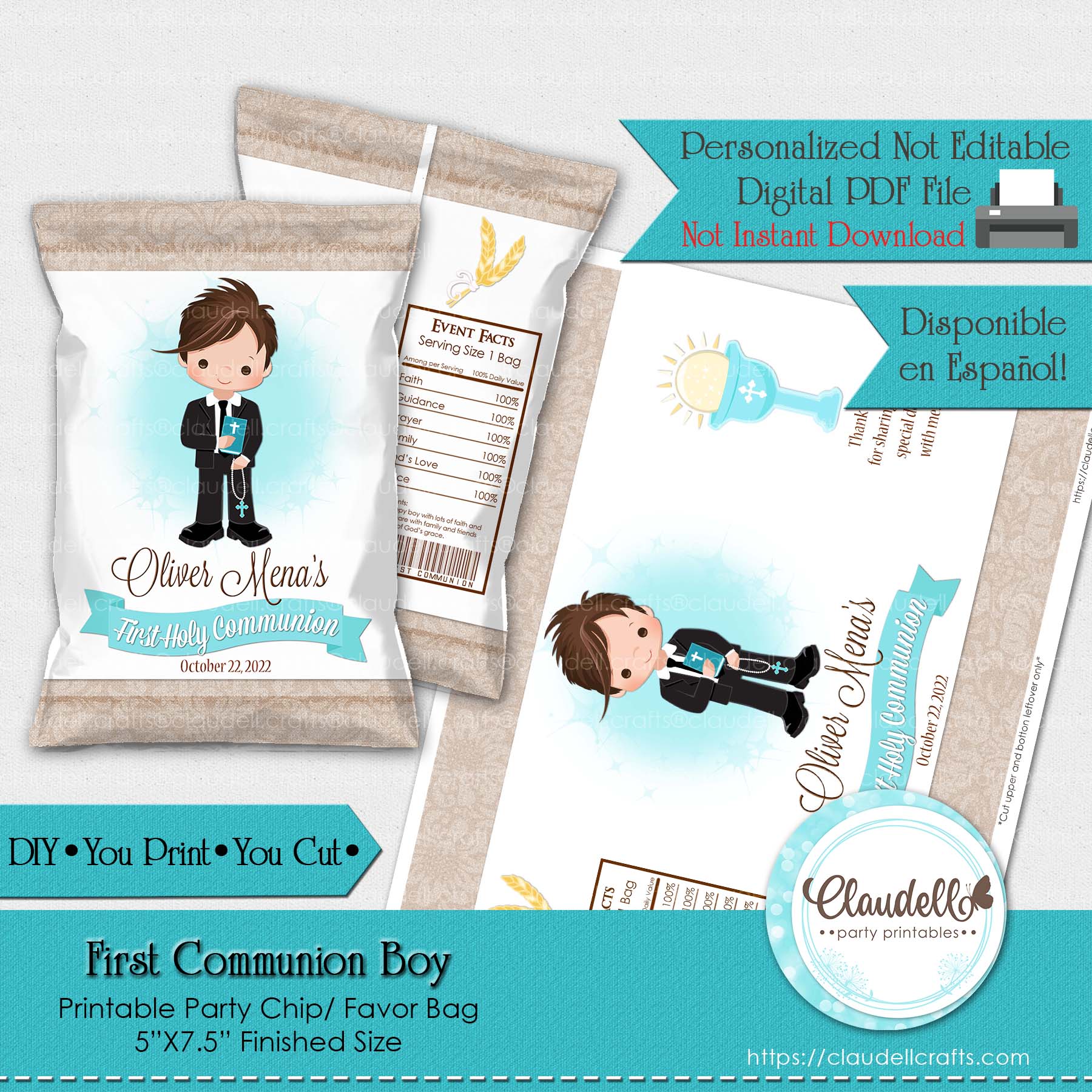 First Communion Boy Printable Chip Favor Bag, Comunión Niño, Communion Personalized Wrapper, Communion Chip Bag, Event Favors/Digital File