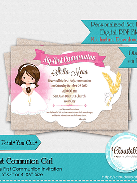 First Communion Girl Printable Invitation Card Comunión Niña Ceremonies Event Favors/Digital File Only