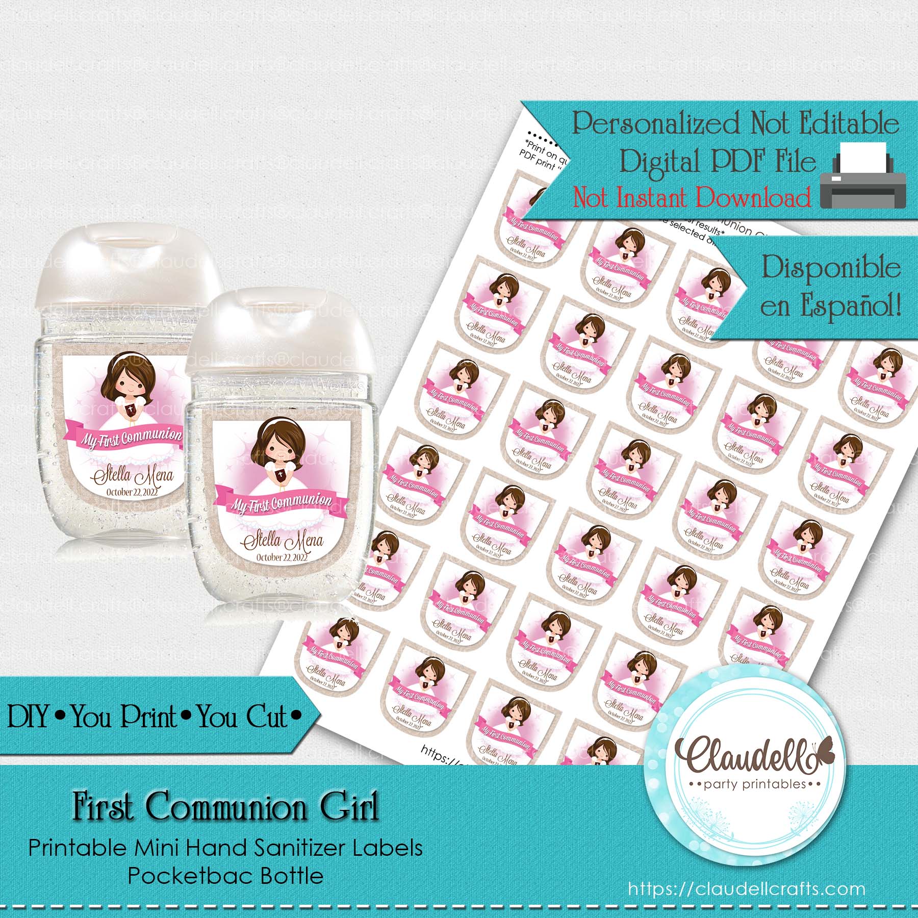 First Communion Girl Printable Mini Hand Sanitizer Label, Pocketbac Semi Round Bottle Tag, Etiqueta Comunión Niña, Communion Personalized Labels, Event Favors/Digital File