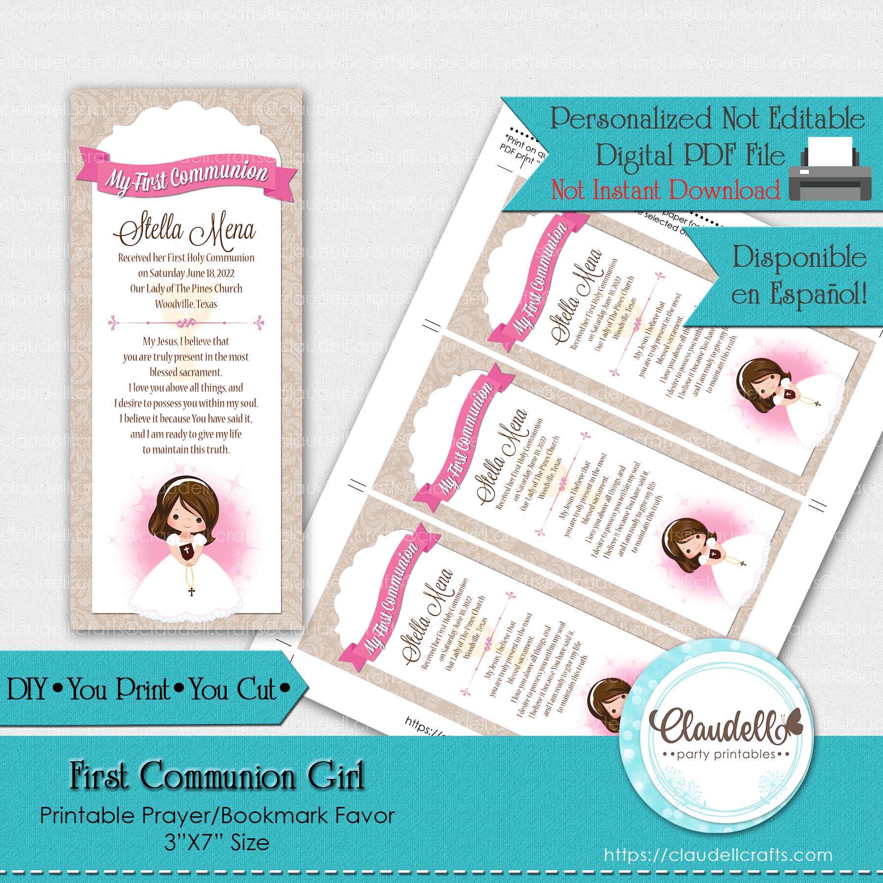 First Communion Girl Printable Prayer Card Bookmark, Oración Recuerdo Comunión Niña, Event Favors/Digital File Only