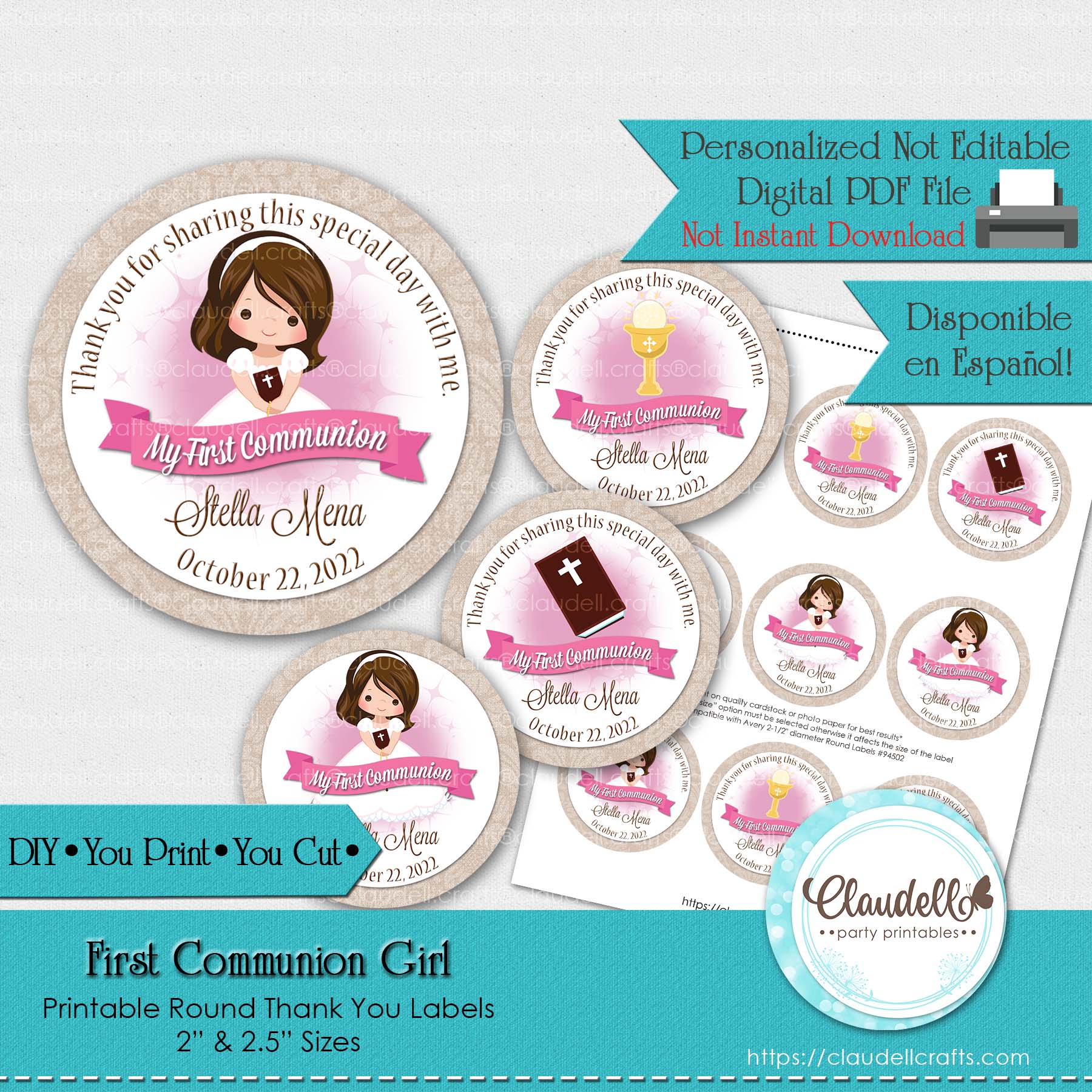 First Communion Girl Printable Round Thank You Labels, Etiqueta Comunión Niña, Communion Personalized Labels, Event Favors/Digital File Only