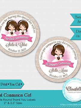 First Communion Girl Printable Round Thank You Labels, Etiqueta Comunión Niña, Communion Personalized Labels, Event Favors/Digital File Only