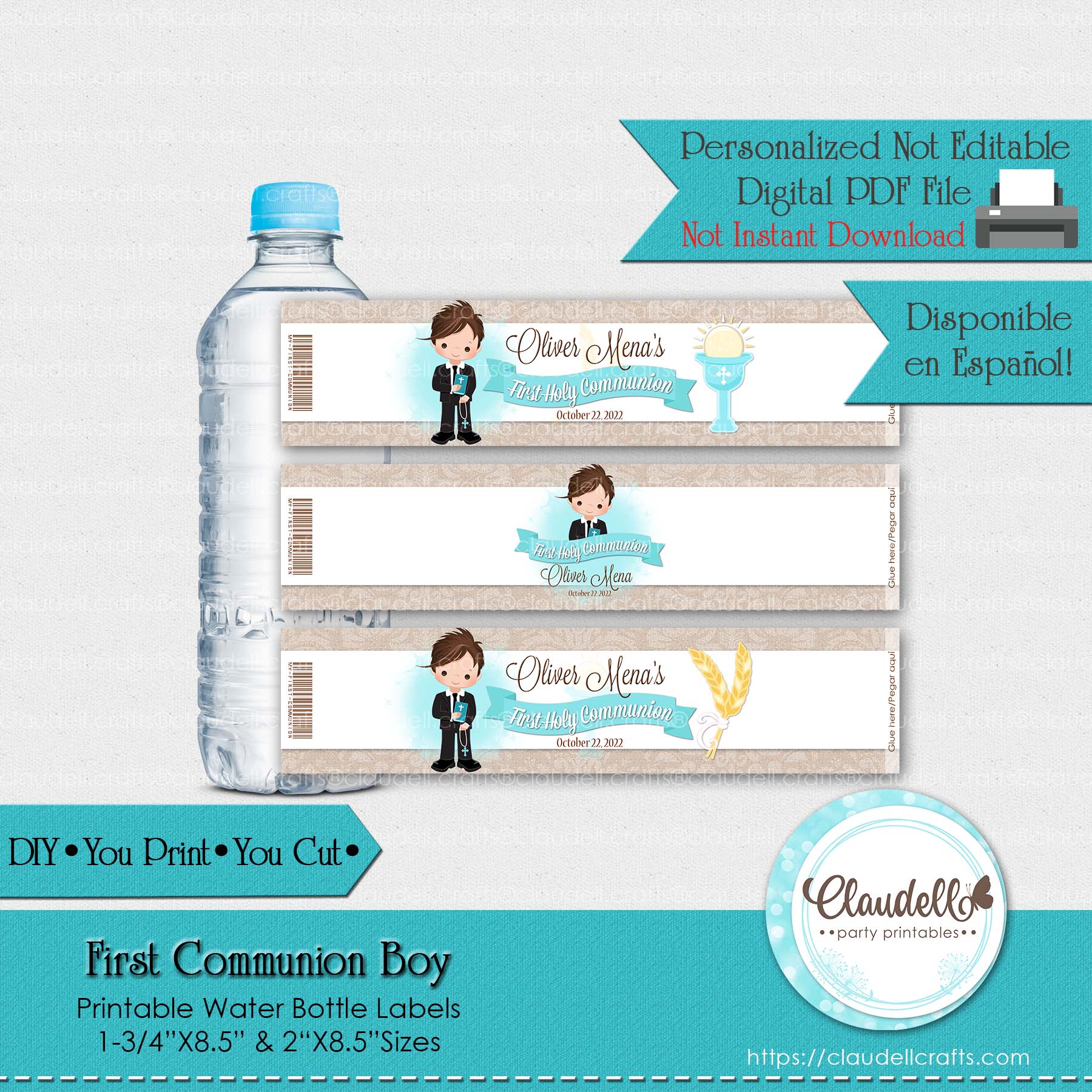 First Communion Boy Printable Water Bottle Labels, Etiqueta Comunión Niño, Communion Personalized Labels, Event Favors/Digital File Only