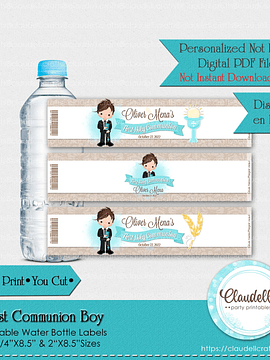 First Communion Boy Printable Water Bottle Labels, Etiqueta Comunión Niño, Communion Personalized Labels, Event Favors/Digital File Only