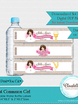 First Communion Girl Printable Water Bottle Labels, Etiqueta Comunión Niña, Communion Personalized Labels, Event Favors/Digital File Only