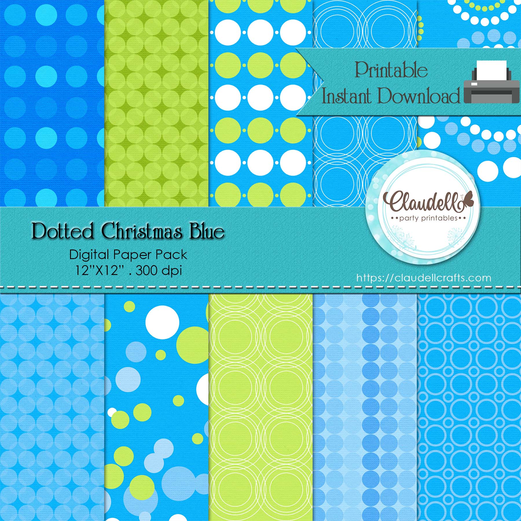 Dotted Christmas Blue Digital Paper Pack (10) - 12
