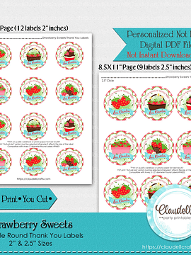 Strawberry Sweets Labels Birthday Party Round Thank You Labels, Berry Sweet Strawberry Party Favors/Digital File Only