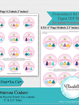 Princess Couture Labels Birthday Party, Princess Party Round Thank You Labels, Princess Personalized Labels, Princess Party, Princess One Birthday Party, Princess Party Favors/Digital File Only