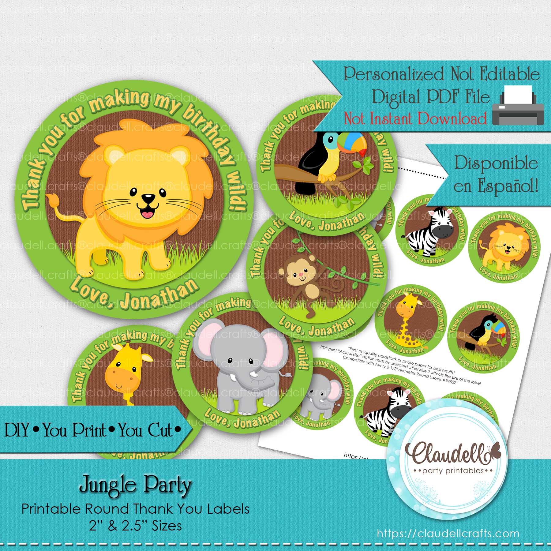 Jungle Party Labels Birthday Party, Jungle Wild Party Round Thank You Labels, Jungle Zoo Party Labels, Wild One Birthday Party, Safari Party Favors/Digital File Only