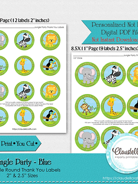 Jungle Party Blue Labels Birthday Party, Jungle Wild Party Round Thank You Labels, Jungle Zoo Party Labels, Wild One Birthday Party, Safari Party Favors/Digital File Only