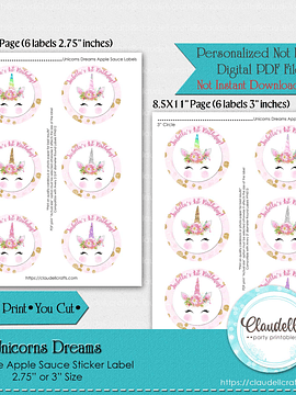Unicorns Dreams Apple Sauce Labels, Unicorns Fruit Cup Birthday Party Labels, Magical Party Decoration, Unicorns One Birthday Party, Unicorns Party Favors/Digital File Only