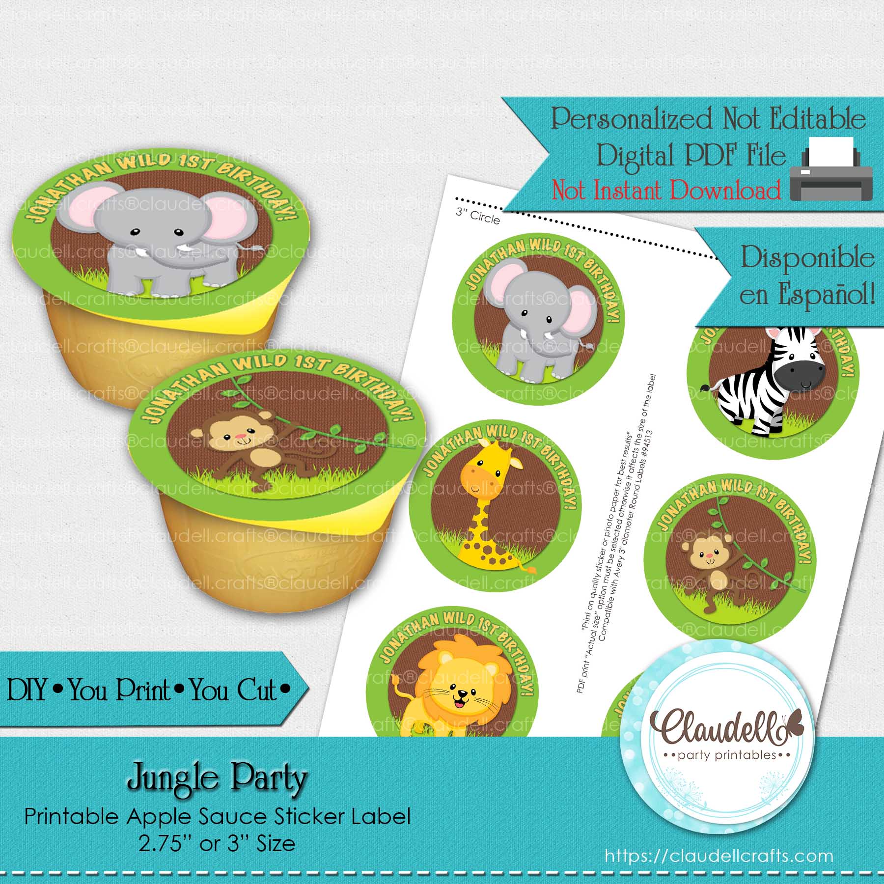 Jungle Party Apple Sauce Labels, Jungle Wild Party Fruit Cup Label, Jungle Zoo Party Decoration, Wild One Birthday Party, Safari Party Favors/Digital File Only