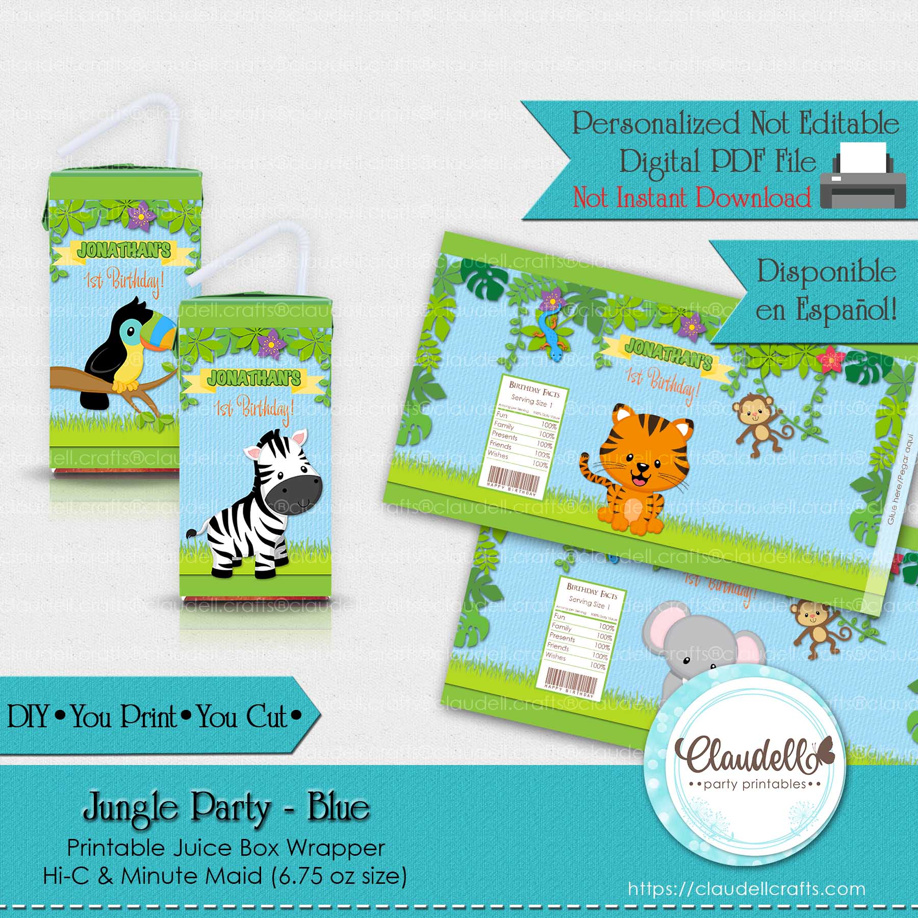 Jungle Party Blue Juice Box Wrapper, Jungle Wild Party Juice Labels, Jungle Zoo Party Decoration, Wild One Birthday Party, Safari Party Favors/Digital File Only