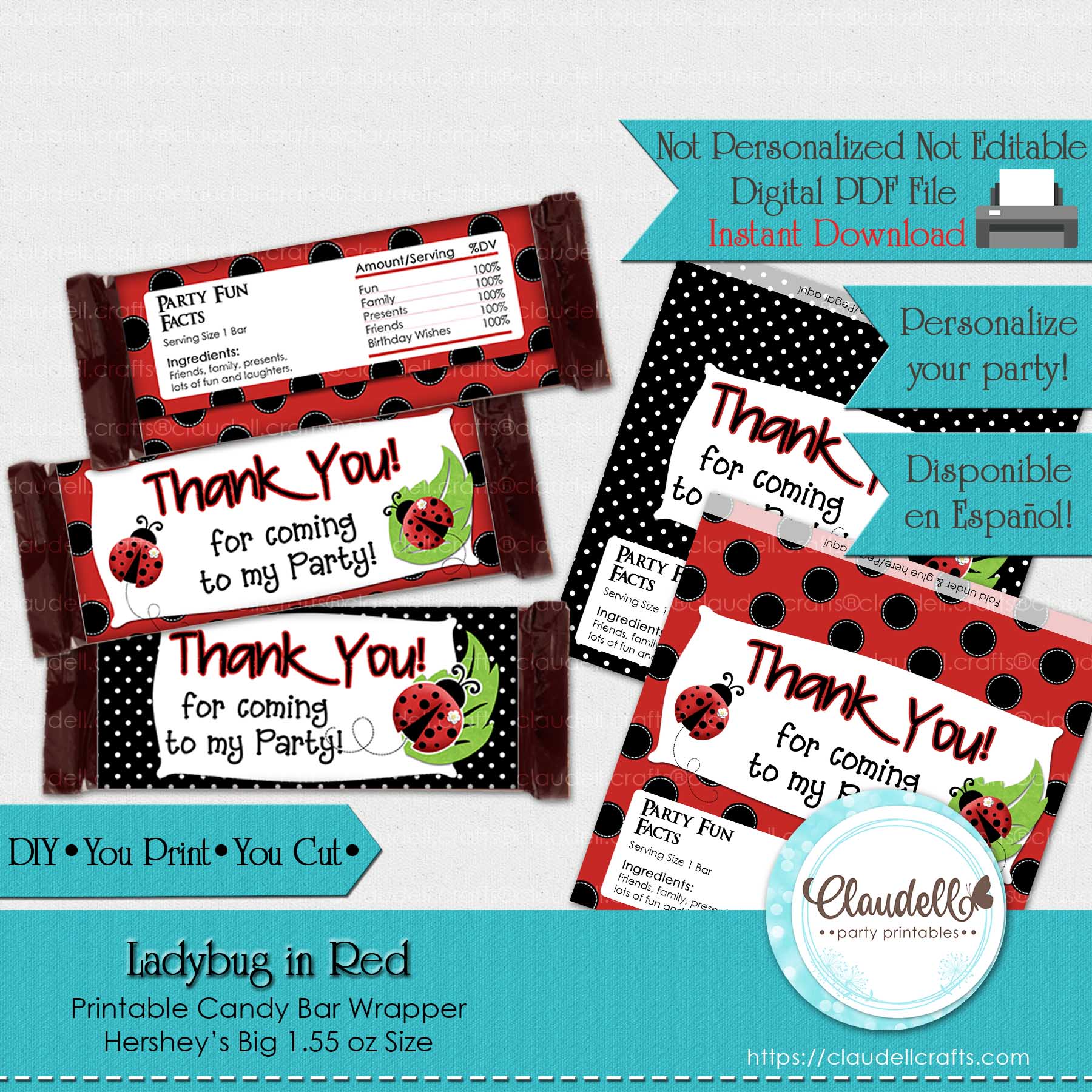 Ladybug in Red Candy Bar Wrapper (Hershey Big), Ladybug Birthday Party Decoration, Garden Party Decoration, Ladybug One Birthday Party, Ladybug Party Favors/Digital File Only