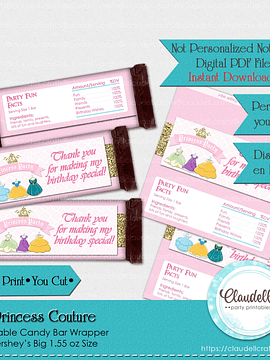 Princess Couture Candy Bar Wrapper (Hershey Big), Princess Party Decoration, Princess One Birthday Party, Princess Party Favors/Digital File Only