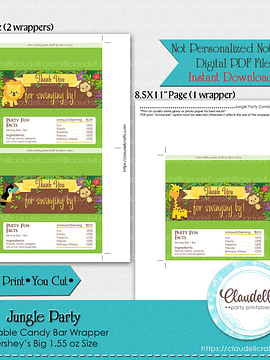 Jungle Party Candy Bar Wrapper (Hershey Big), Jungle Wild Birthday Party Decoration, Jungle Zoo Party Decoration, Wild One Birthday Party, Safari Party Favors/Digital File Only
