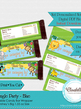 Jungle Party Blue Candy Bar Wrapper (Hershey Big), Jungle Wild Birthday Party Decoration, Jungle Zoo Party Decorations, Wild One Birthday Party, Safari Party Favors/Digital File Only 