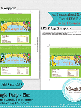 Jungle Party Blue Candy Bar Wrapper (Hershey Big), Jungle Wild Birthday Party Decoration, Jungle Zoo Party Decorations, Wild One Birthday Party, Safari Party Favors/Digital File Only 