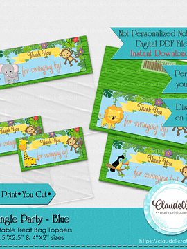Jungle Party Blue Treat Bag Topper, Jungle Wild Birthday Treat Bag Topper, Jungle Zoo Party Decoration, Wild One Birthday Party, Safari Party Favors/Digital File Only