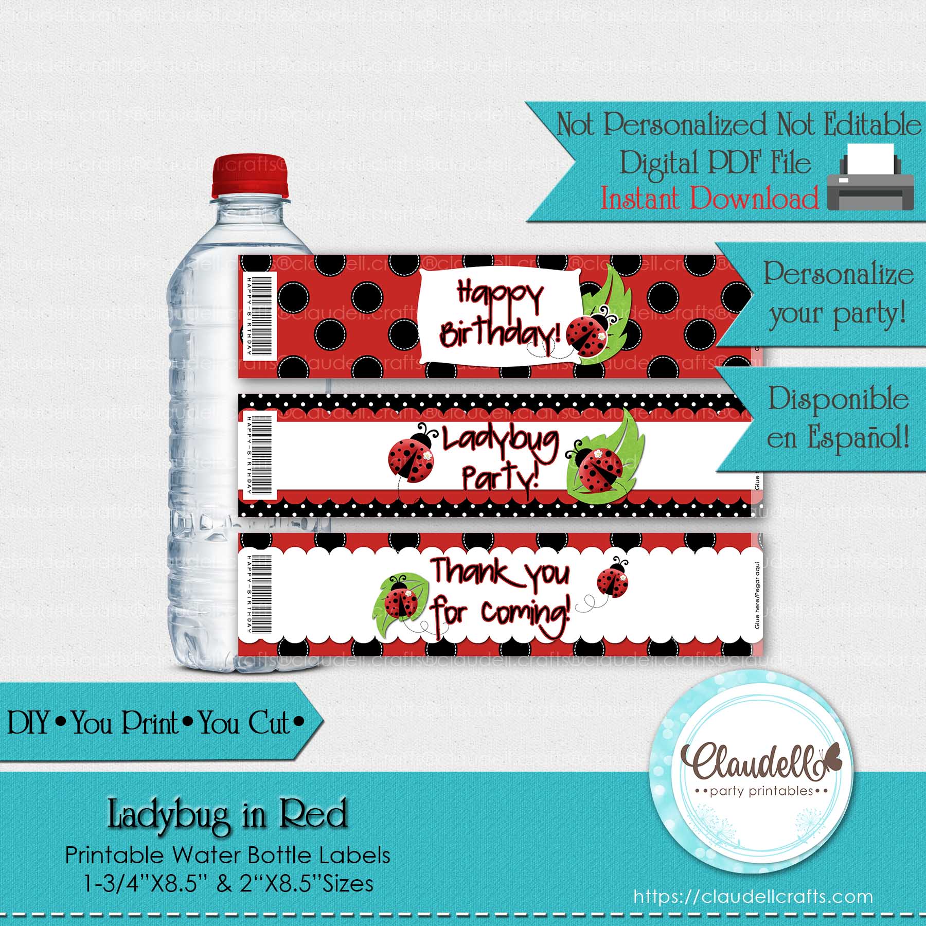 Ladybug in Red Water Bottle Labels, Garden Birthday Decoration, Ladybug Party Labels, Ladybug One Birthday Party, Ladybug Party Favors/Digital File Only