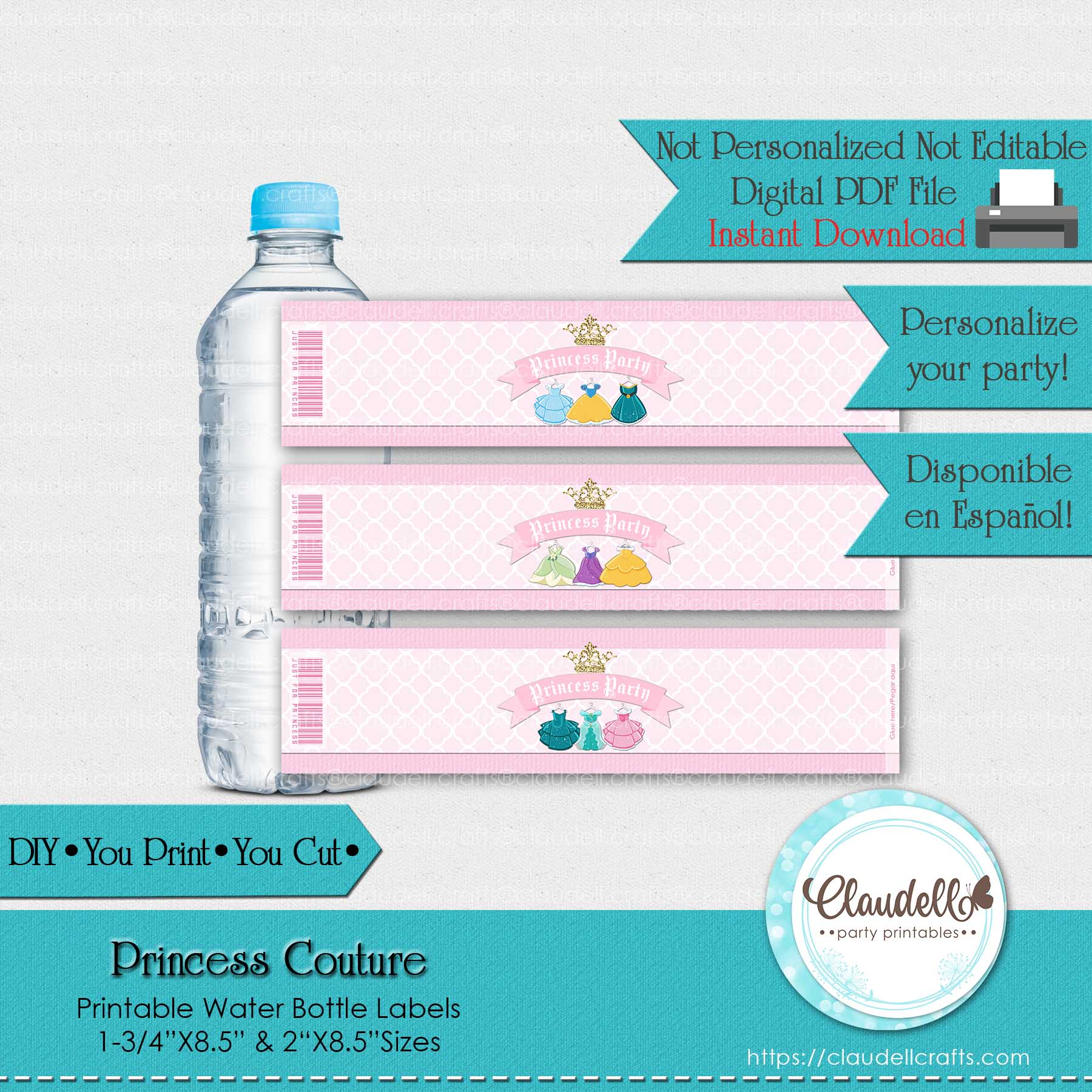 Princess Couture Water Bottle Labels, Princess Birthday Decoration, Princess Party Labels, Princess One Birthday Party, Princess Party Favors/Digital File Only
