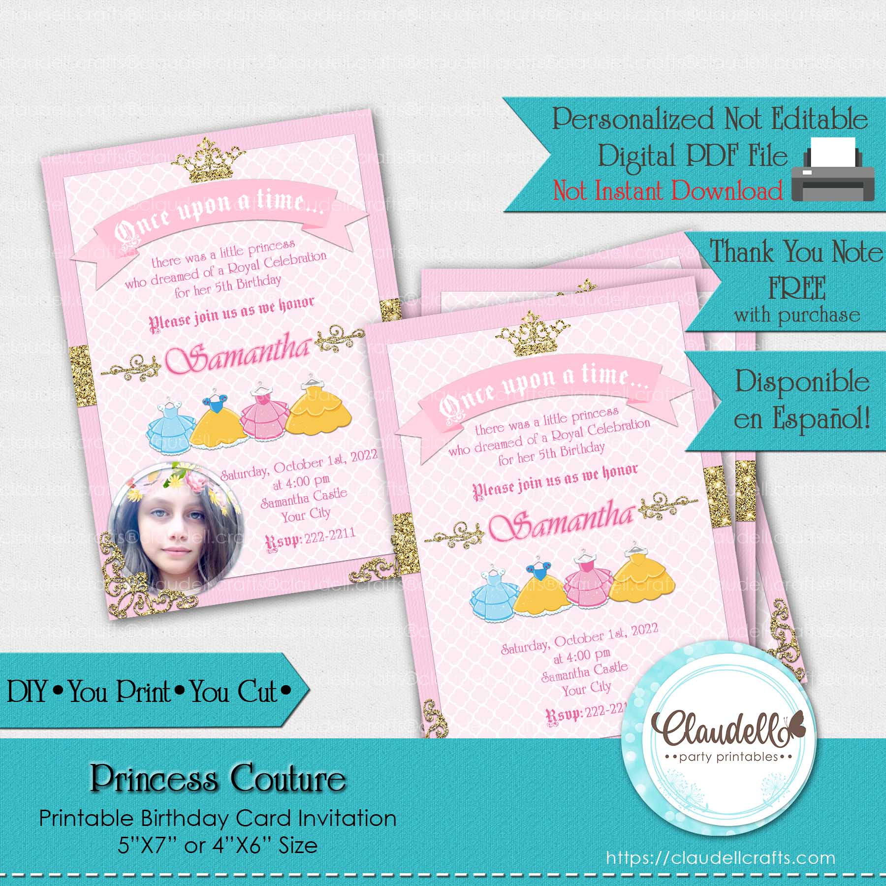Princess Couture Invitation Birthday Party, Princess Birthday Invitation Card, Princess Party Invite, Princess One Birthday Party, Princess Party Favors/Digital File Only
