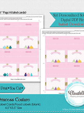 Princess Couture Birthday Label Cards (Blank) Food Labels Seating Cards Tent Cards, Princess Party Decoration, Princess One Birthday Party, Princess Party Favors/Digital File Only