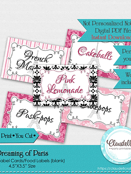 Dreaming of Paris Birthday Label Cards (Blank) Food Labels Seating Cards Tent Cards, Paris Party Decoration, Paris One Birthday Party, Glam Party, Paris Party Favors/Digital File Only