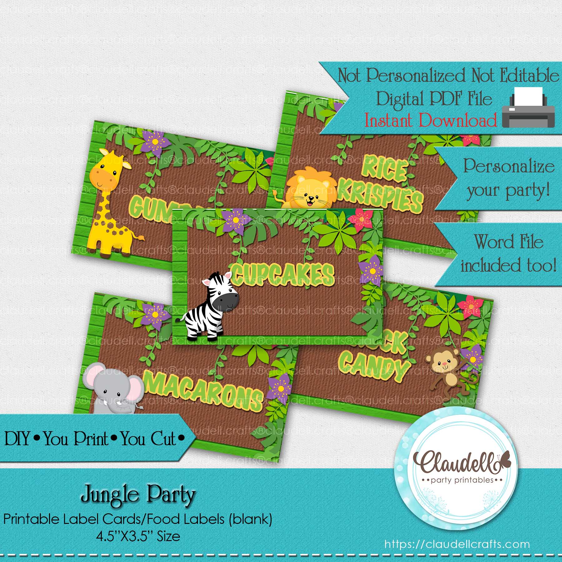 Jungle Party Birthday Label Cards (Blank) Food Labels Seating Cards Tent Cards, Jungle Wild Labels, Jungle Zoo Party Decoration, Wild One Birthday Party, Safari Party Favors/Digital File Only