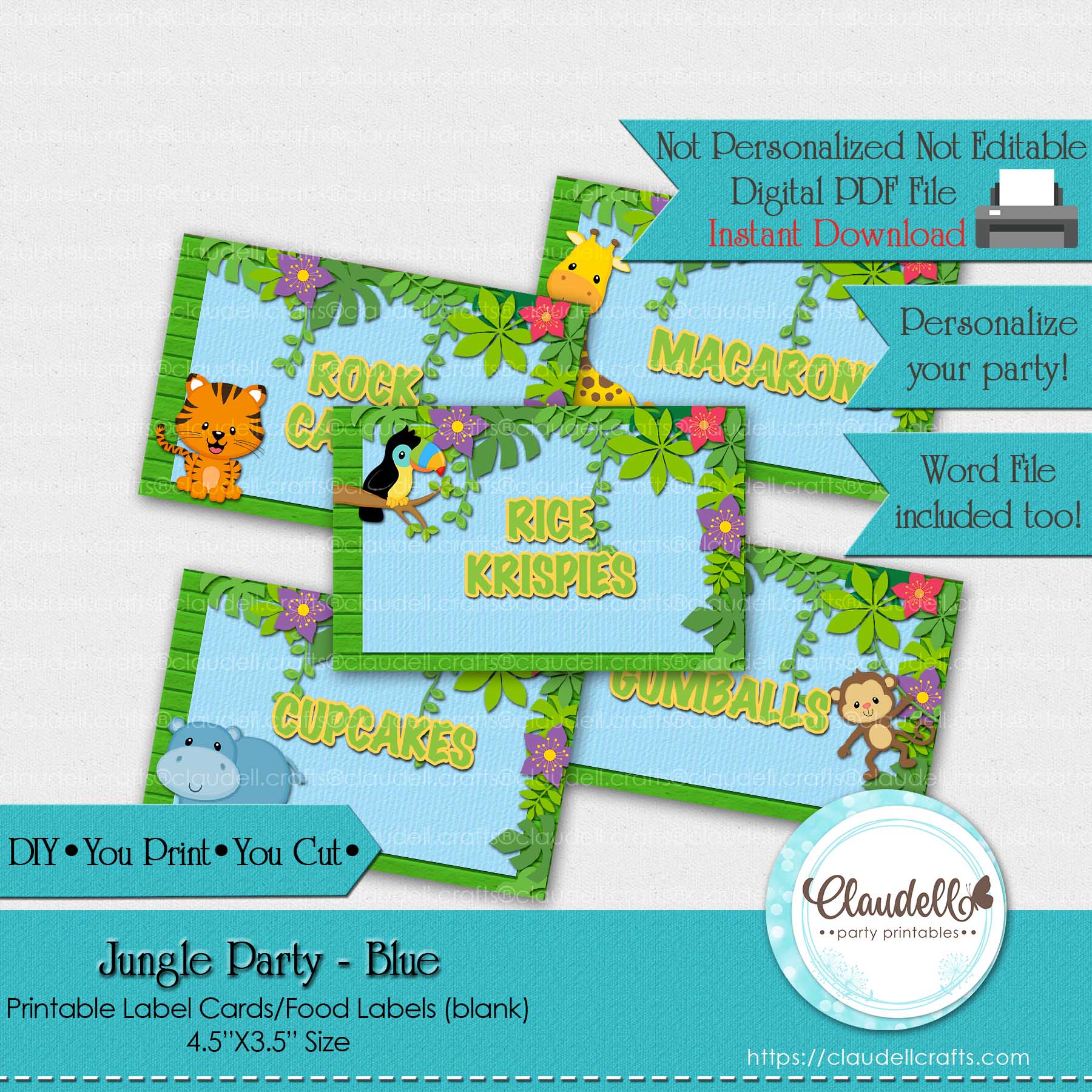 Jungle Party Blue Birthday Label Cards (Blank) Food Labels Seating Cards Tent Cards, Jungle Wild Labels, Jungle Zoo Party Decoration, Wild One Birthday Party, Safari Party Favors/Digital File Only