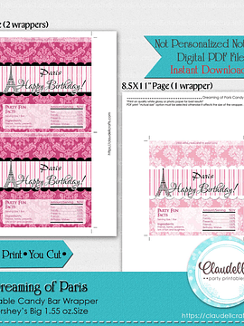 Dreaming of Paris Candy Bar Wrapper (Hershey Big), Paris Party Decoration, Paris One Birthday Party, Paris Wrapper Label, Glam Party, Paris Party Favors/Digital File Only
