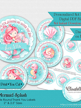 Mermaid Splash Labels Birthday Party Round Thank You Labels, Under the Sea Birthday, Little Mermaid Party Favors/Digital File Only