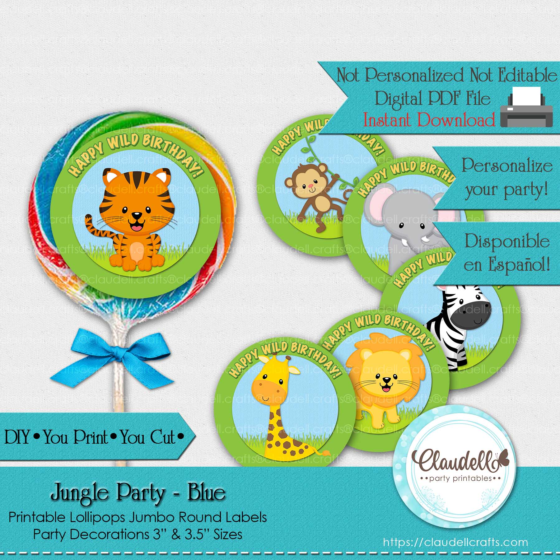 Jungle Party Blue Lollipops Jumbo Labels, Jungle Wild Birthday Party Decoration, Jungle Zoo Party Labels, Wild One Birthday Party, Safari Party Favors/Digital File Only
