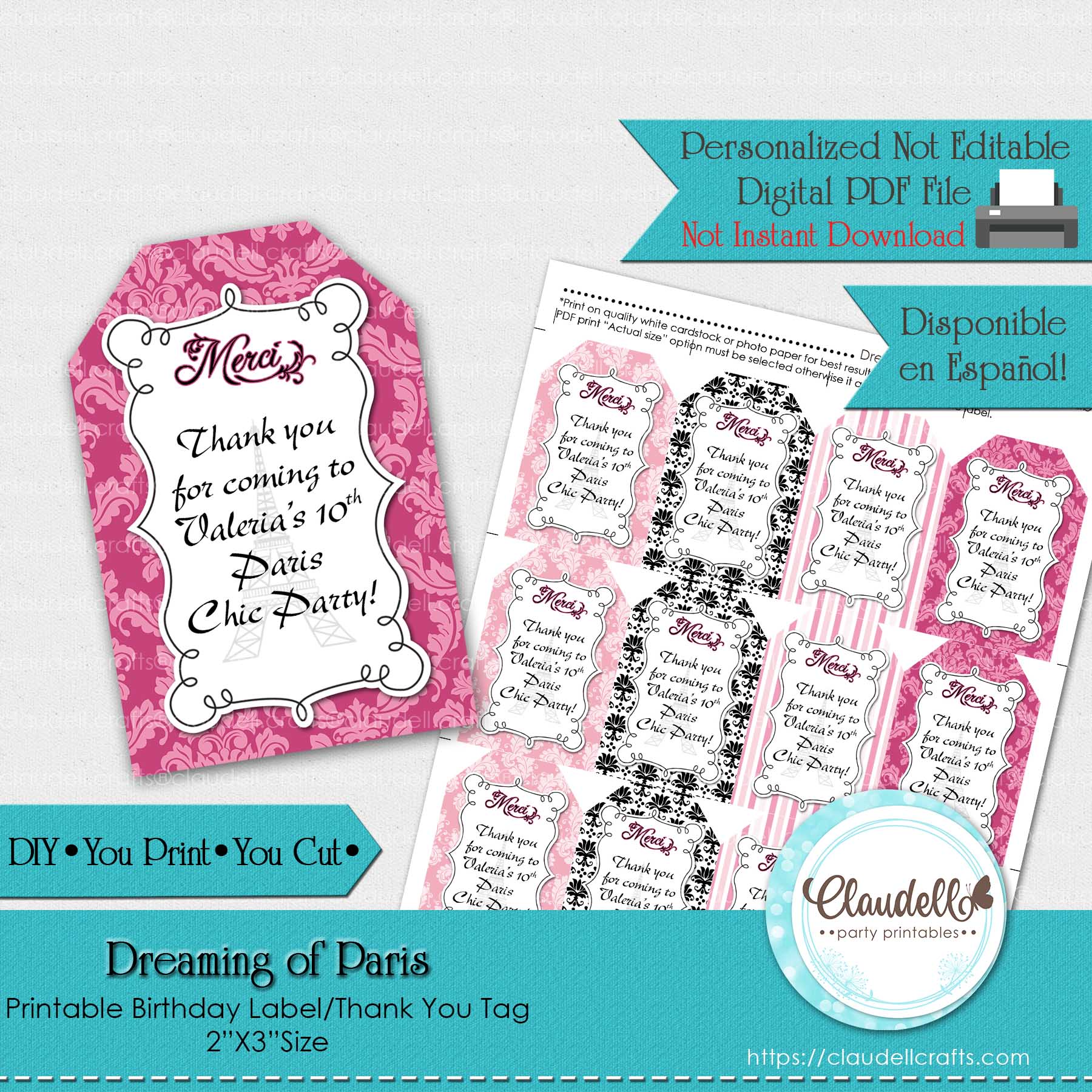 Dreaming of Paris Birthday Favor Tags, Paris Party Thank You Labels, Paris Party Labels, Paris One Birthday Party, Glam Party, Paris Party Favors/Digital File Only