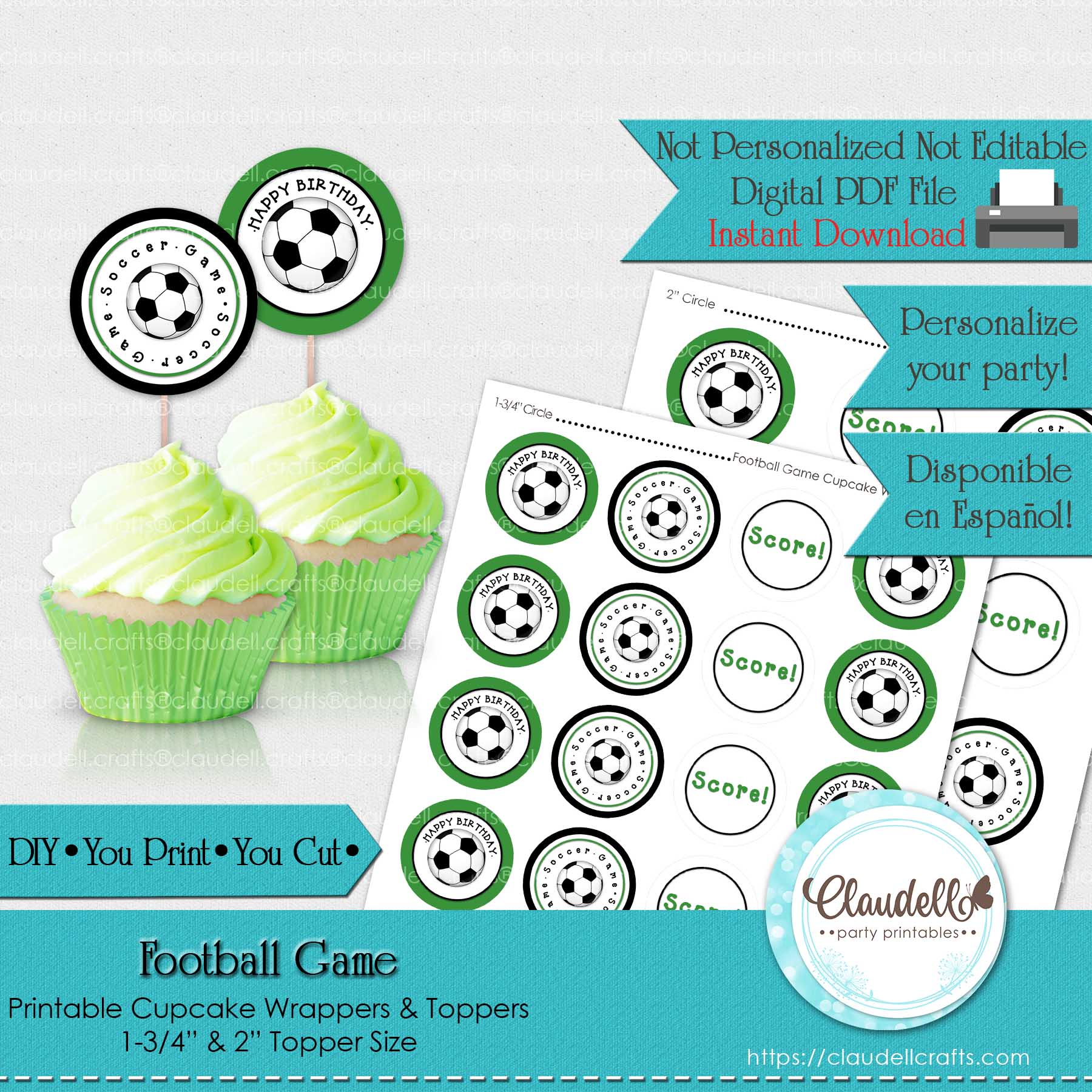 Football Game Birthday Party Cupcake Topper, Soccer Cupcake Topper & Wrapper, Football Party Decoration, Soccer One Birthday Party, Football Party Favors/Digital File Only