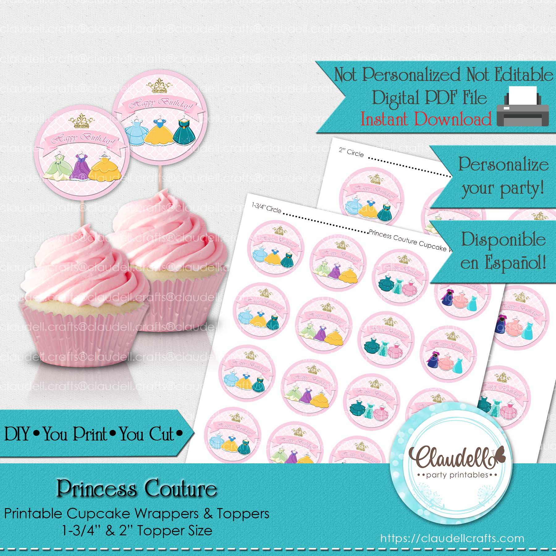 Princess Couture Birthday Party Cupcake Topper, Princess Cupcake Topper & Wrapper, Princess Party Decoration, Princess One Birthday Party, Princess Party Favors/Digital File Only