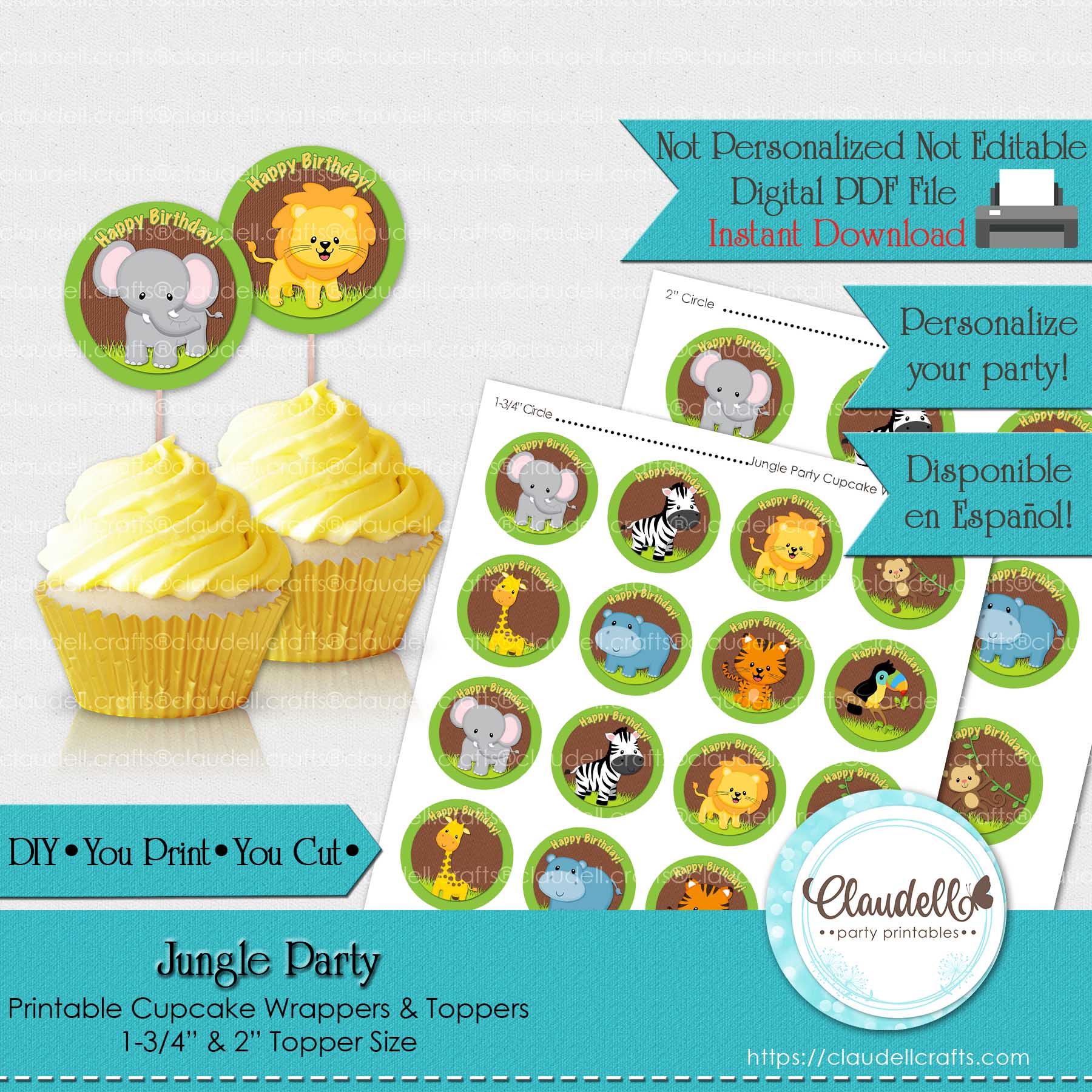 Jungle Party Birthday Party Cupcake Topper, Jungle Wild Birthday Cupcake Topper & Wrapper, Jungle Zoo Party Decoration, Wild One Birthday Party, Safari Party Favors/Digital File Only