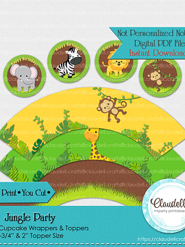 Jungle Party Birthday Party Cupcake Topper, Jungle Wild Birthday Cupcake Topper & Wrapper, Jungle Zoo Party Decoration, Wild One Birthday Party, Safari Party Favors/Digital File Only