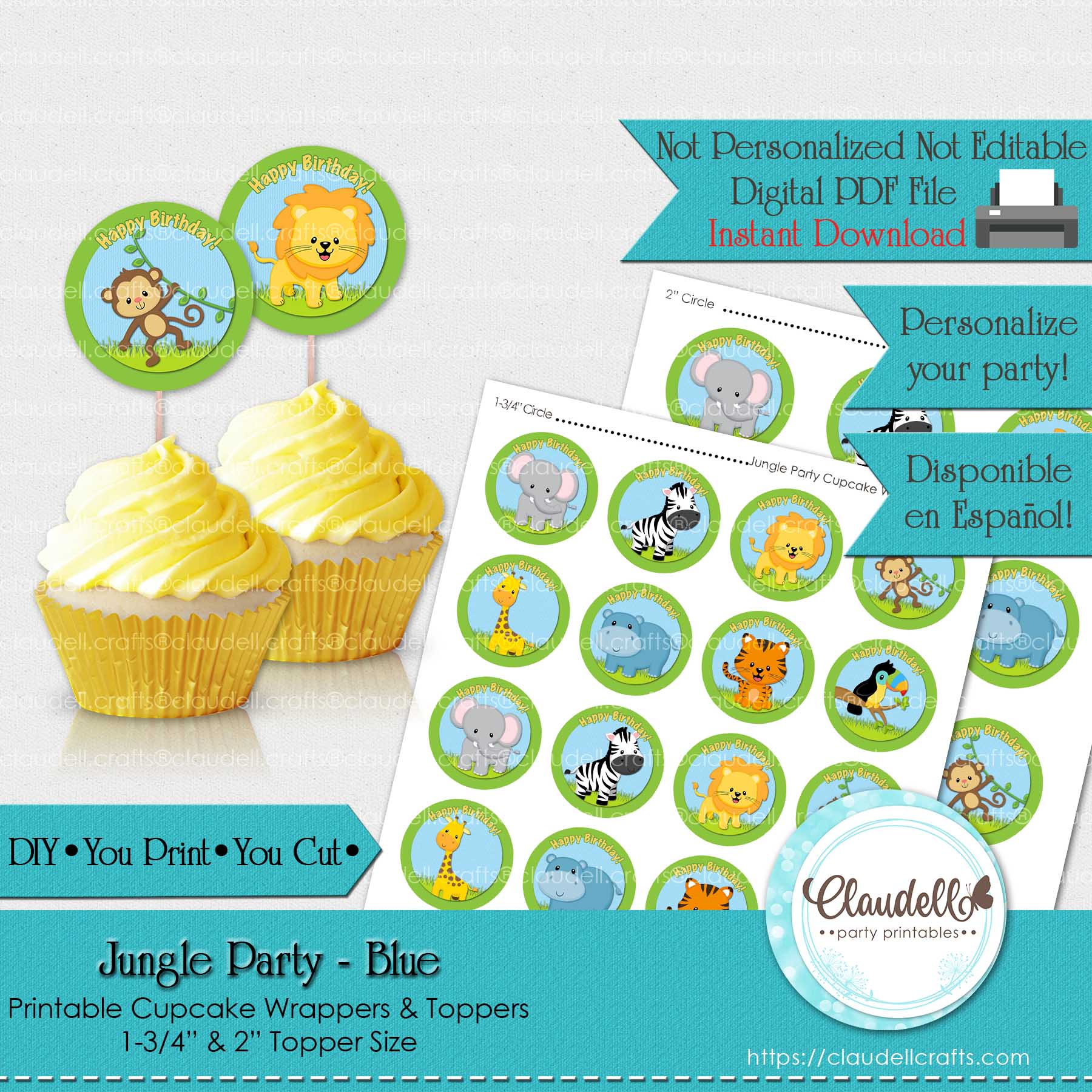 Jungle Party Blue Birthday Party Cupcake Topper, Jungle Wild Birthday Cupcake Topper & Wrapper, Jungle Zoo Party Decoration, Wild One Birthday Party, Safari Party Favors/Digital File Only
