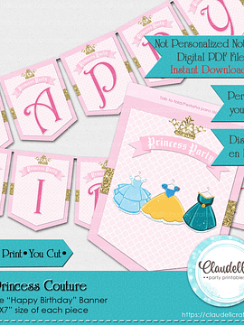 Princess Couture Birthday Party Banner, Princess Party Decorations, Princess One Birthday Party, Princess Party Favors/Digital File Only