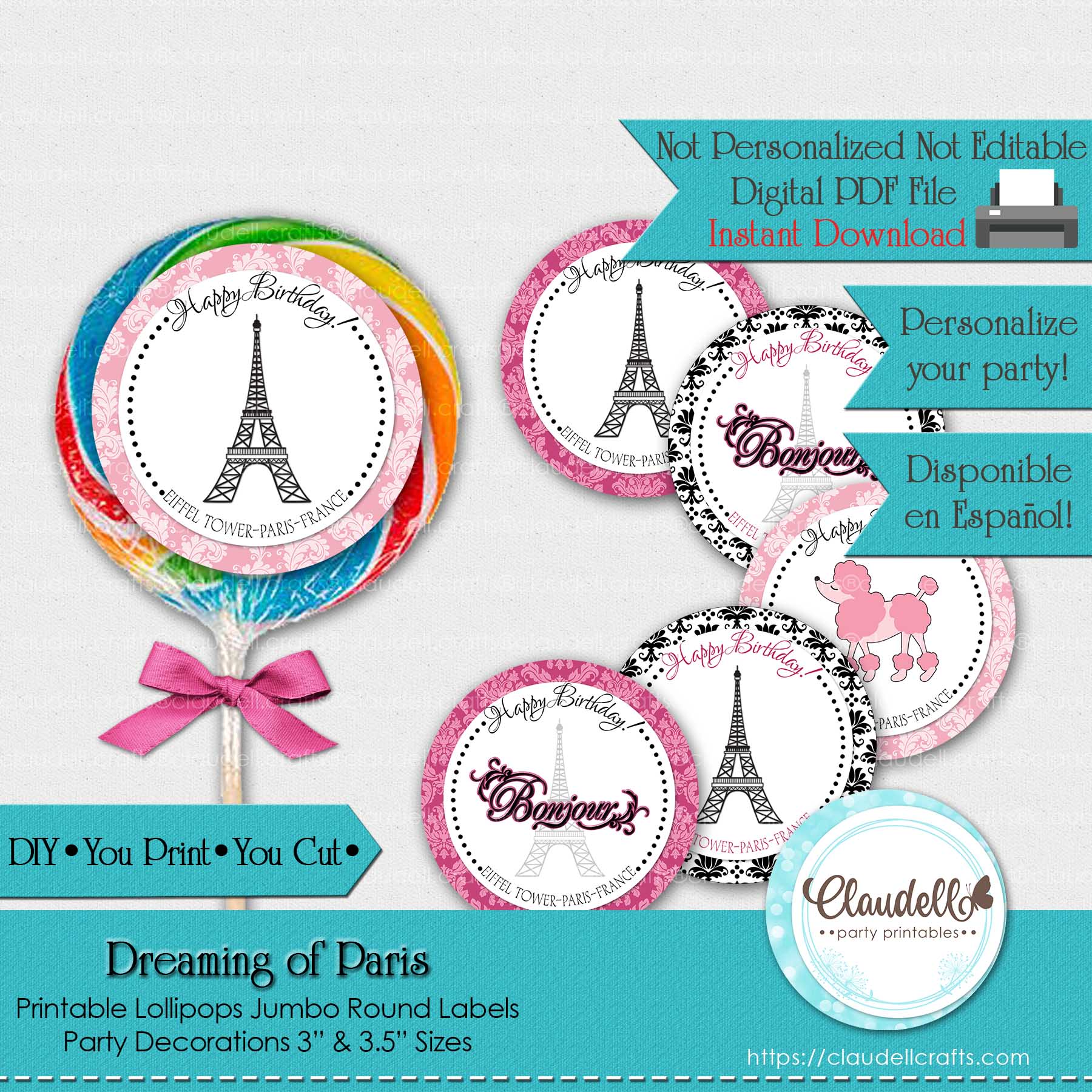 Dreaming of Paris Lollipops Jumbo Labels, Paris Birthday Party Decoration, Paris Party Labels, Paris One Birthday Party, Glam Party, Paris Party Favors/Digital File Only