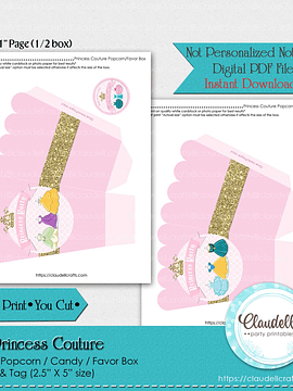 Princess Couture Popcorn Box, Princess Birthday Candy Favors Box, Princess Party Decoration, Princess One Birthday Party, Party Favors/Digital File Only