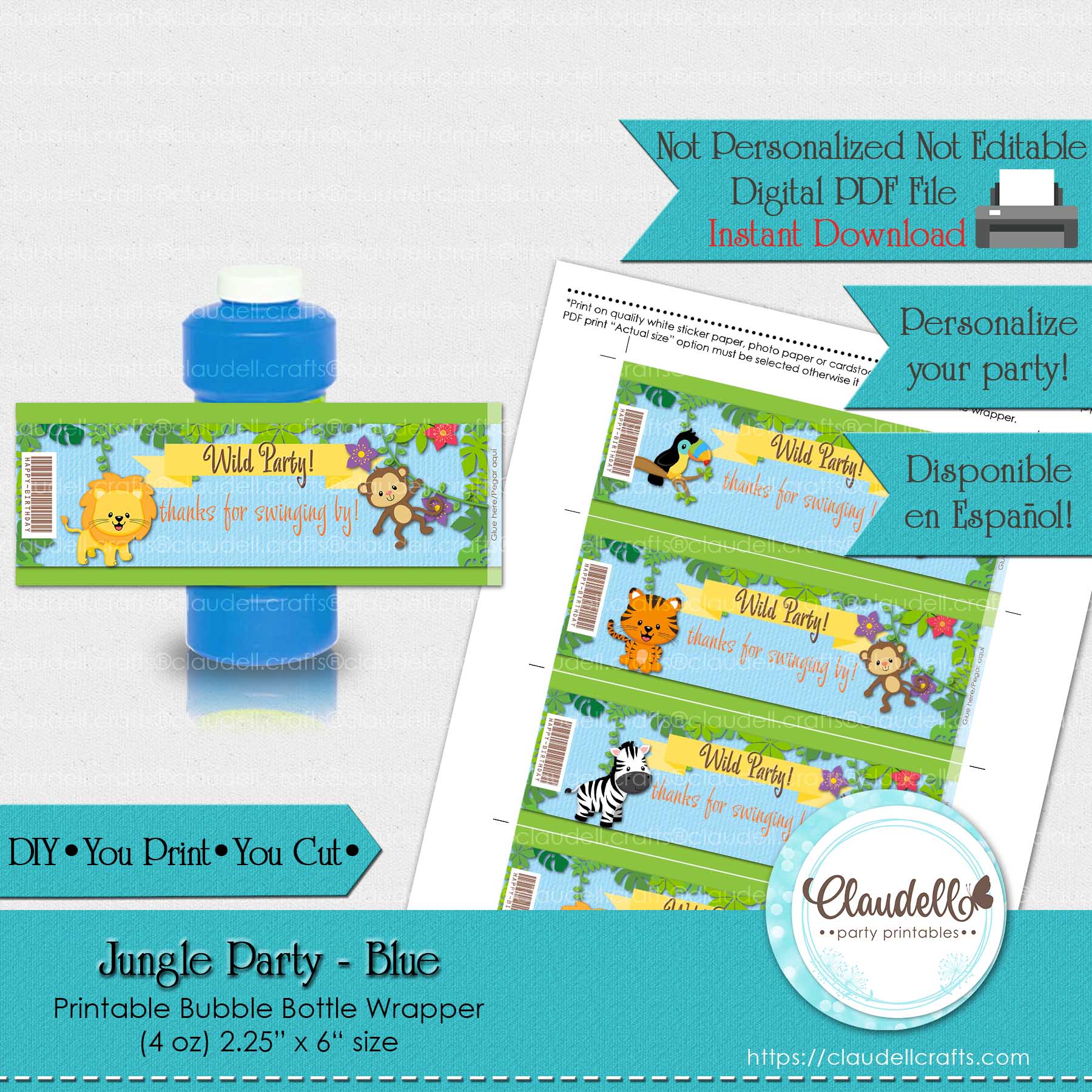 Jungle Party Blue Bubble Bottle Wrapper Label, Jungle Wild Birthday Bubble Bottle Label, Jungle Zoo Party Decoration, Wild One Birthday Party, Safari Party Favors/Digital File Only 