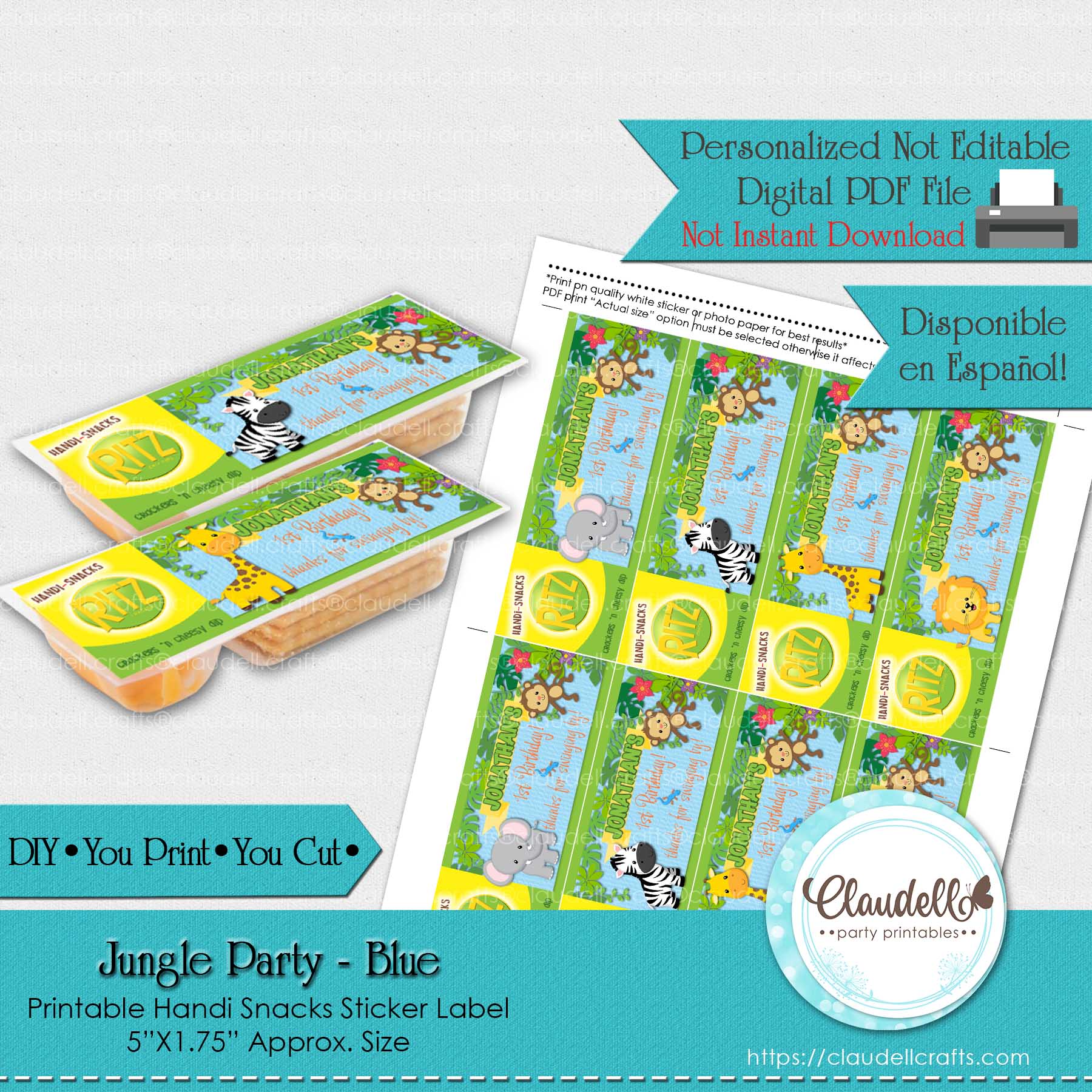 Jungle Party Blue Handi Snacks Labels, Jungle Wild Party Crackers Label, Jungle Zoo Party Decoration, Wild One Birthday Party, Safari Party Favors/Digital File Only