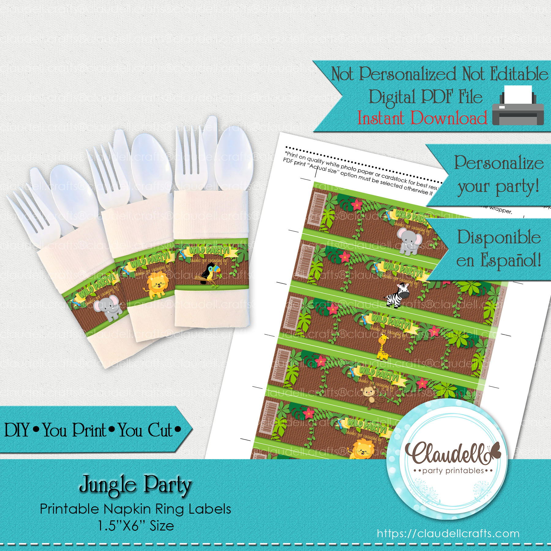 Jungle Party Napkin Rings Wrappers, Jungle Wild Birthday Napkin Ring Label, Jungle Zoo Party Decoration, Wild One Birthday Party, Safari Party Favors/Digital File Only