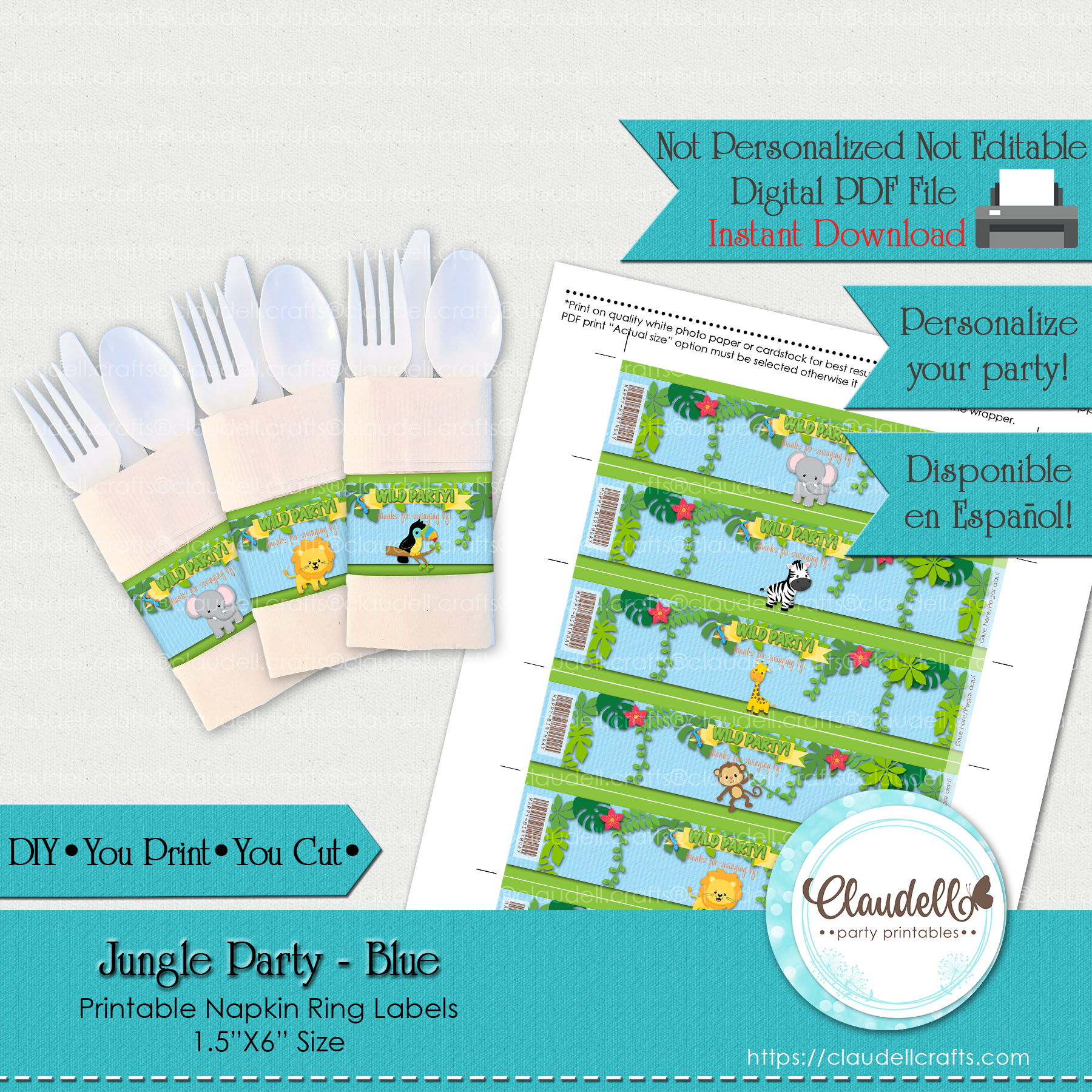 Jungle Party Blue Napkin Rings Wrappers, Jungle Wild Birthday Napkin Ring Label, Jungle Zoo Party Decoration, Wild One Birthday Party, Safari Party Favors/Digital File Only