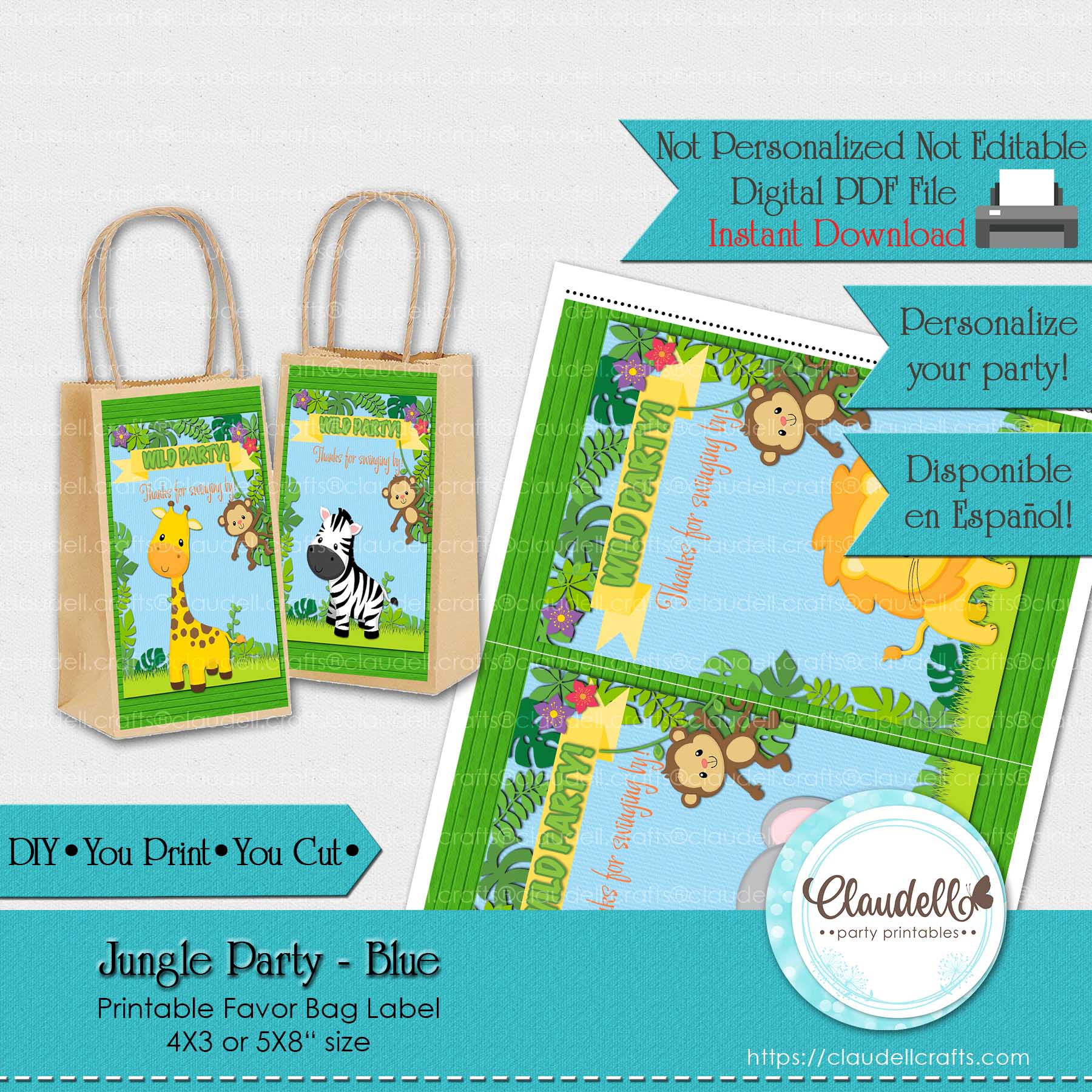 Jungle Party Blue Favor Bag Label, Jungle Wild Party Labels, Jungle Zoo Party Bag Labels, Wild One Birthday Party, Safari Party Favors/Digital File Only