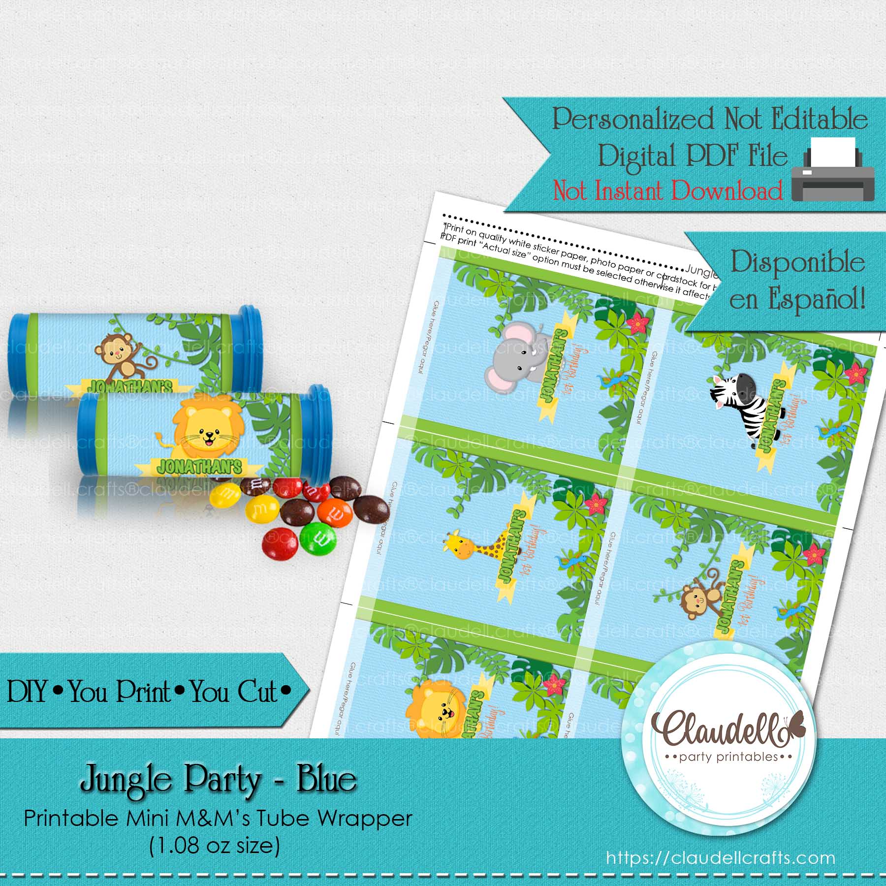 Jungle Party Blue Mini M&M's Tube Wrapper, Jungle Wild Party Cotton Candy Label, Jungle Zoo Party Decoration, Wild One Birthday Party, Safari Party Favors/Digital File Only
