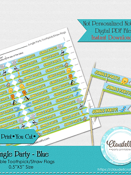 Jungle Party Blue Toothpick Straw Flags Labels, Jungle Wild Birthday Drinking Straw Label, Jungle Zoo Party Decoration, Wild One Birthday Party, Safari Party Favors/Digital File Only