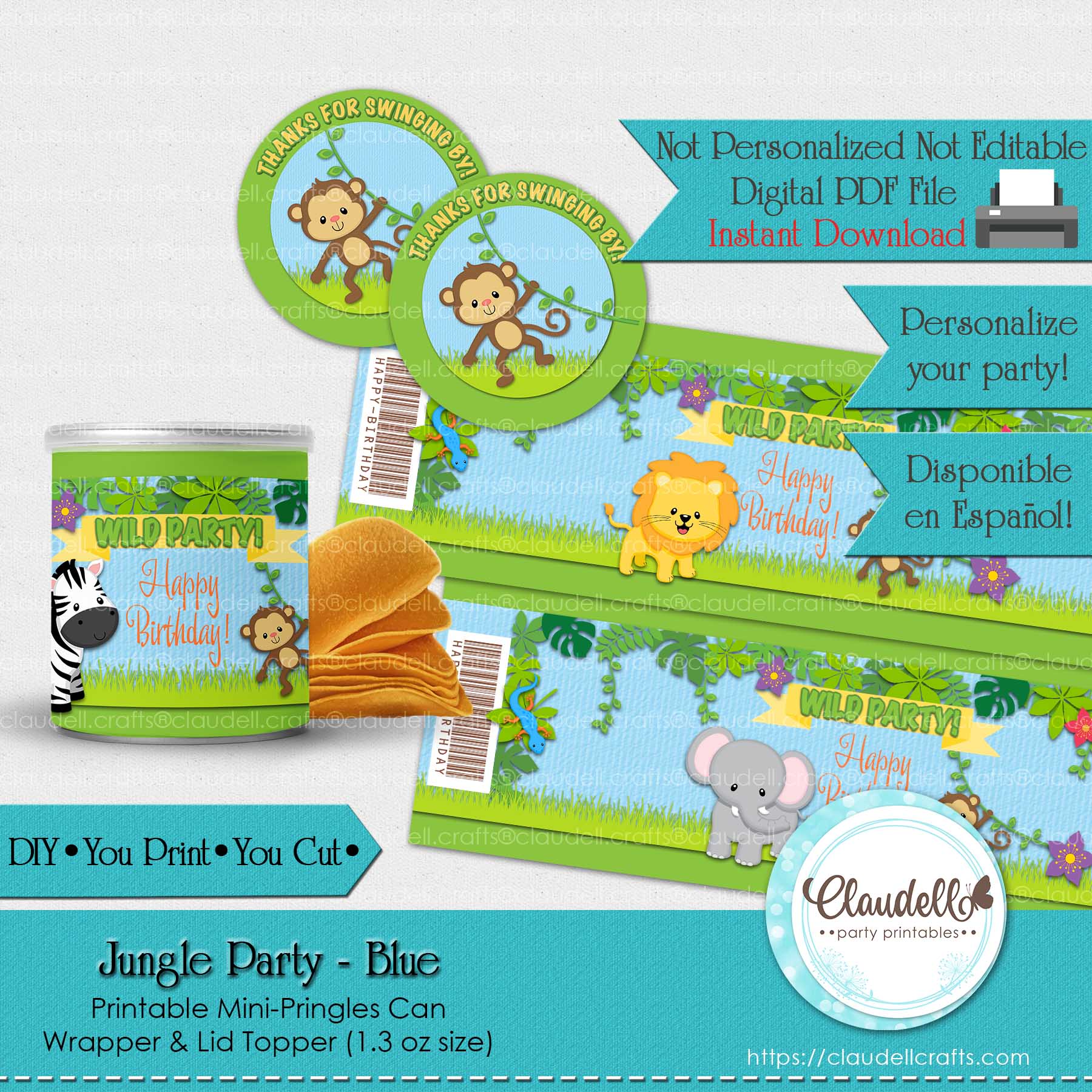 Jungle Party Blue Mini Pringles Wrapper & Lid Topper, Jungle Wild Birthday Favors Can, Jungle Zoo Party Decoration, Wild One Birthday Party, Safari Party Favors/Digital File Only